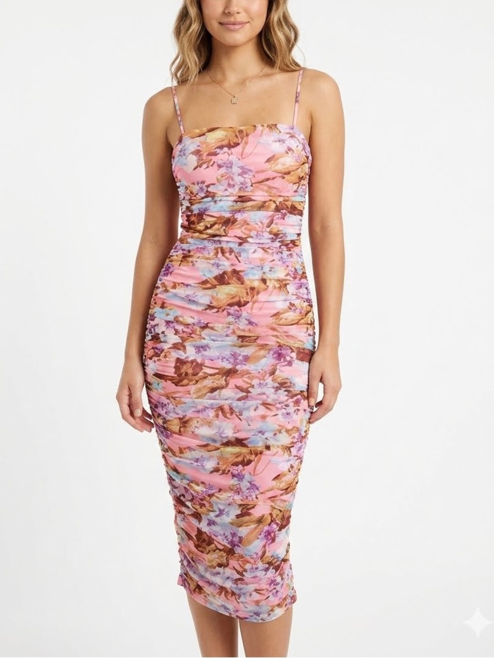 NWT Privy Pink Floral Mesh Ruched Bodycon Midi Dress Size S